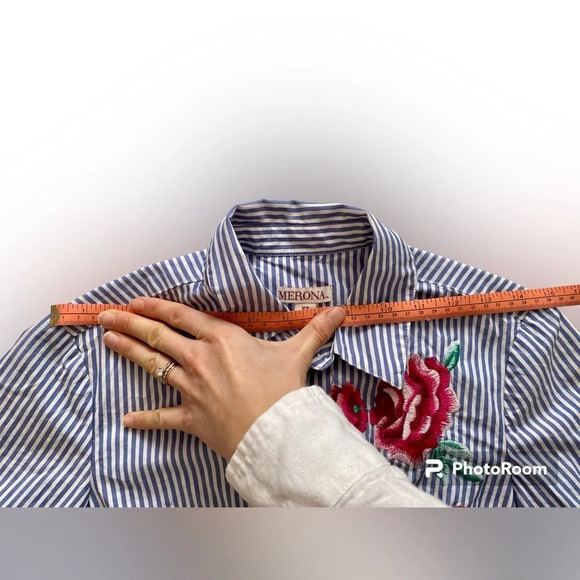 Merona Cotton  Blue & White Striped Button Down Shirt Roses Size XS - Picture 10 of 13